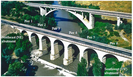 Illustration. Highway bridges crossing Claro River before earthquake. Click here for more information.