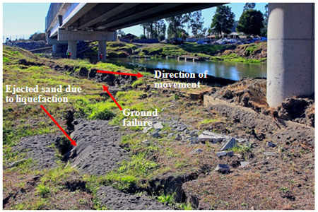 Photo. Ejected sand due to liquefaction and ground failure at La Mochita bridge. Click here for more information.