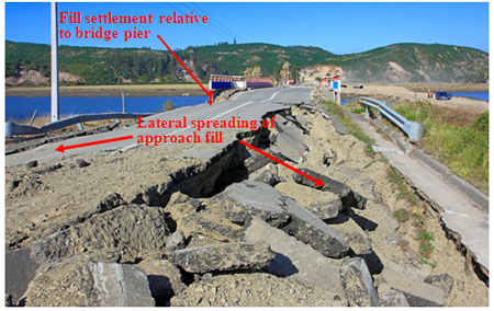 Photo. Lateral spreading and ground failure at Raqui 2 bridge. Click here for more information.