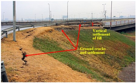 Photo. Ramps at Juan Pablo II bridge where existing ground was improved with DDC. Click here for more information.