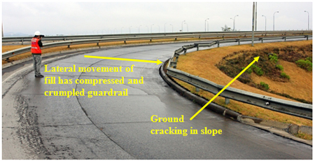 Photo. Lateral movement of fill in ramps at Juan Pablo II bridge. Click here for more information.