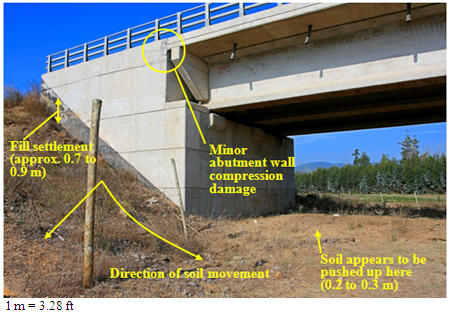 Photo. Soil settlement without bridge settlement at northeast abutment of Mataquito bridge. Click here for more information.