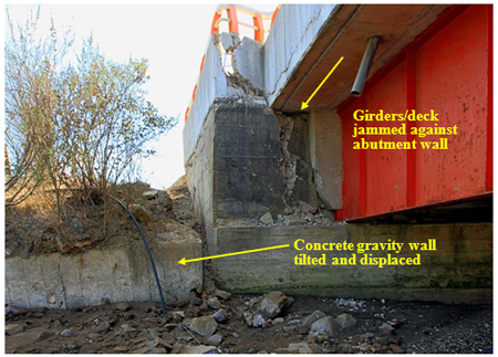 Photo. Abutment and girders shoved into each other and deck at the northwest abutment of the Raqui 1 bridge. Click here for more information.