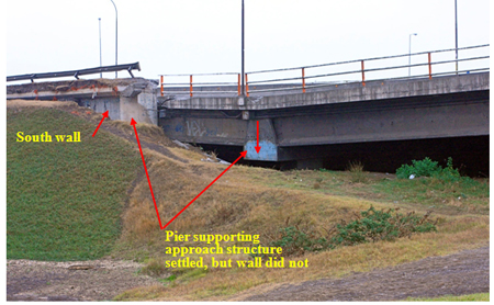 Photo. Settlement of approach structure for Juan Pablo II bridge.  Click here for more information.