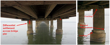 Photo. Liquefaction-induced differential settlement of mainline pier foundations supporting Juan Pablo II bridge. Click here for more information.
