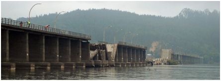 Photo. View of collapsed spans from northeast river bank of Biobío River. Click here for more information.