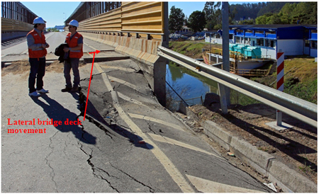 Photo. La Mochita bridge deck and girder lateral movement and approach fill settlement. Click here for more information.