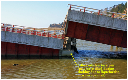 Photo. Collapsed and shifted spans at Raqui 2 bridge due to liquefaction. Click here for more information.