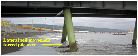 Photo. Puerto de Coronel Muelle foundation displacement and bending. Click here for more information.