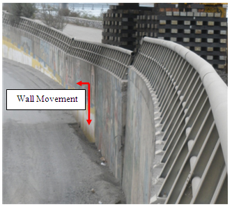 Photo. Wall movement near Chepe railroad bridge due to lateral spreading and settlement. Click here for more information.