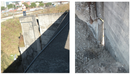 Photo. Tiered wall corner tilting outward at wall site 28A. Click here for more information.
