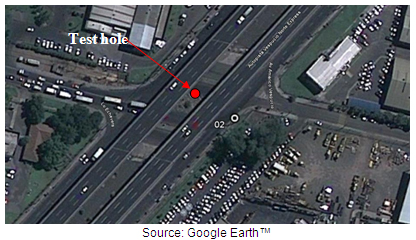 Map. Image of site 2 taken prior to earthquake and showing approximate location of test hole. Click here for more information.