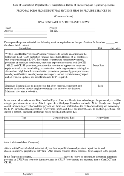 Proposal Form from Industrial Hygiene Firm to Provide Services to (Contractor Name) on a Contract Described as Follows: