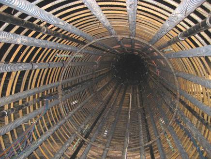 This photo shows the inside of the reinforcement cage. The instrumentation wire bundles are gathered together and run up opposite sides of the cage. Each gauge level contains four different locations roughly 