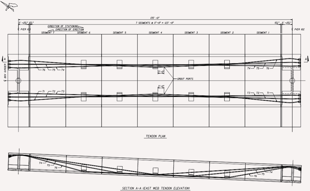 Figure 24. Illustration. Typical precast segmental span-by-span external PT tendon layout. This illustration shows plan and elevation views of typical precast segmental span-by-span external post-tensioned (PT) tendon layout