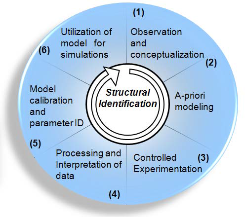 The figure outlines the six steps of structural identification, which involves integration of analysis and experimentation to reduce uncertainty by calibrating a finite element model of a bridge. The figure shows a circle divided into six sections. In the middle of the circle, the text “Structural identification” is shown surrounded by a circular arrow pointing clockwise.