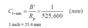 C subscript 1-min equals B prime divided by R subscript p times 1 divided by 525,600 in millimeters. 