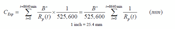 C subscript Exp equals summation over the index t that goes from 0 to 8,640 of the multiplication of the ratio between B prime and R subscript p and function of t and the ratio of 1 over 525,600 equals the product of the ratio between B prime and 525,600 and the summation over the index t that goes from 0 to 8,640 of the ratio of 1 over R subscript p and function of t. 