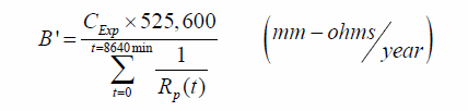 B prime equals the ratio of the product between C subscript Exp and 525,600 and the summation over the index t that goes from 0 to 8,640 of the ratio between 1 and R subscript p and function of t. 