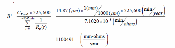 B prime equals the ratio of the product between C subscript Exp minus 1 and 525,600 to the summation over the index t that goes from 0 to 8,640 minutes of the ratio of 1 to R subscript p of t. The total ratio is the product of 14.87 micrometers and the quantity of the ratio of 1 millimeter to 1000 micrometers and 525,600 minutes per year to 7.1020 times 10 to the negative 3 minutes per ohm. Thus, B prime is equal to 1,100,491 millimeter-ohms per year. 