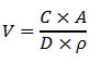 This equation calculates the volume of doping solution, V. V equals the product of C (surface concentration of salt) times A (surface area) divided by the product of D (concentration of doping solution) times rho (density of doping solution) 