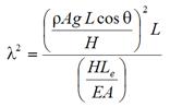 Lambda squared equals open parenthesis rho times A times g times L times cosine of theta divided by H closed parenthesis squared times L all divided by open parenthesis H times L subscript e divided by E times A closed parenthesis.