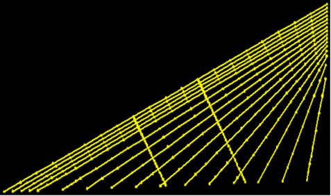 This image shows a finite element model of the Bill Emerson Memorial Bridge stay cable system with two parallel lines of crossties. Instead of dividing the longest cable equally, the two crosstie lines divide the cable at the two-fifth and three-fifth locations along the cable length. The ends of the stay cables and crossties are assumed to be fixed either to the deck or tower.