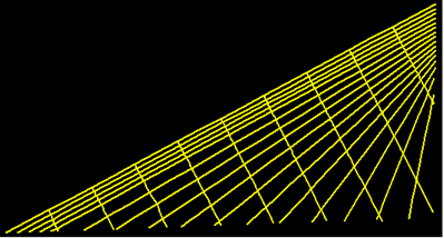 This image shows a finite element model of the Bill Emerson Memorial Bridge stay cable system. There are 9 parallel lines of crossties perpendicular to the longest cable equally dividing this cable into 10 segments. The ends of the stay cables and crossties are assumed to be fixed either to the deck or tower.