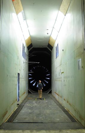 This photo shows an upstream view of the test section toward the turbine in the 3-by-6-m Propulsion and Icing Wind Tunnel. No cable and cable fixtures are installed.