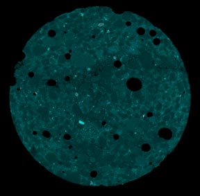 This photo shows an X-ray image of a sample after 116 days of immersion in 1 N NaOH solution. The pores are visible as black spots on the surface of the sample. The unhydrated cement particles can be seen as white and grey speckles. The aggregate particles are gray-greenish in color, and the matrix is a light bluish-green in color. There is a single crack (located about ? from the bottom of the specimen) that spans the entire width of the sample 