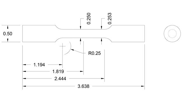 Figure 7. Schematic. Geometry of round bar tensile coupon. This schematic shows the dimensions of the round tensile specimen geometry. The ends of the bar have a diameter of 0.50inches, and the reduced diameter at the middle is 0.250 inches. Starting from the left end of the bar, a 0.25-inch radius transition is centered 1.194 inches from the left end, the middle of the bar is 1.819 inches from the left end, the second 0.25-inch radius transition is 2.444 inches from the left end, and the overall length of the specimen is 3.638 inches.