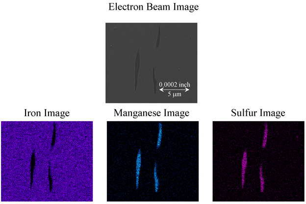 Figure 24. Photo. Electron beam image of inclusion 2 from SEM and associated images at same location taken with an EDX detector. This composite image shows an electron beam image of inclusion 2 from a scanning electron microscope (SEM) and associated images at the same location taken with an energy dispersive X-ray (EDX) detector. The top of the figure shows the SEM image of three thin, vertically oriented stringer inclusions. The bottom left image is from the EDX detector showing the area in the view with an iron signature (shown as purple) that is outside the three stringers. The bottom center image is from the EDX detector showing the area in the view with a manganese signature (shown as blue) that correlates to the areas of the three stringers. The bottom right image is from the EDX detector showing the areas in the view with a sulfur signature (shown as purple) that correlates to the areas of the three stringers. Together, these images point to evidence that the three stringers are manganese sulfide