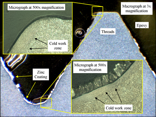 Figure 32. Photo. Macrograph of thread with micrograph overlays taken at thread root and crest and etched with 2-percent nital. This composite image has a background of a macrograph of a thread sample that has been etched with 2-percent nital and viewed under bright field illumination at 3x magnification. The thread sample is mounted in epoxy, which appears black. Remnants of the zinc coating appear as bright white, and the steel is light grey. Two micrographs are overlaid on the background image. The overlay in the upper left corner is a micrograph taken at a 500x
magnification of a thread crest. The image shows a compressed microstructure along the sloped edge of the thread. The second overlay photo shown in the bottom right shows a 500x
magnification micrograph of the thread root. The same compressed microstructure can be seen in the thread root, although it is very shallow.