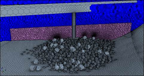 Figure 32. Graphic. Cross-section through the finite volume mesh used for the CFD model. This graphic is a close-up of the detailed mesh at the base of pier 3. This subregion is also modeled in the CSM analyses with the surfaces on the outside of the subregion being the boundary conditions.