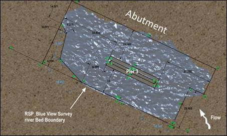 Figure 38. Graphic. The extent of the riprap derived from the sonar bed scan. This graphic shows the extent of the riprap in place around the pier 3 detected by sonar scan. These data were used to establish a new boundary for the riprap on the river bed.