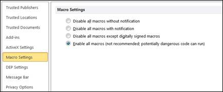 Figure 2. Microsoft Access macro settings. Image from Microsoft Access macro settings. Radio button is shown with selection on “Enable all macros (not recommended; potentially dangerous code can run)”.