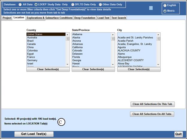 Figure 5. Location Tab. Image of search criteria on the Location tab. Three windows allow the user to choose criteria to search. From left to right, they are Country, State/Province, and City. At the bottom of each is a Clear Selection(s) button. Item C, near the bottom of the tab, indicates the tabs with selected search criteria and the number of associated projects (49) and load tests (109) matching that criteria.