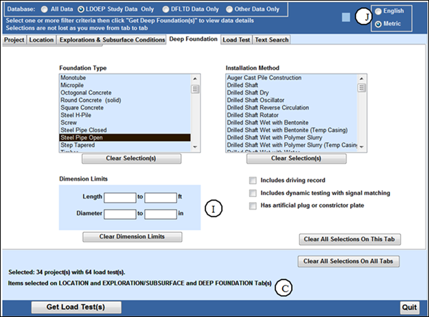 Figure 7. Deep Foundation tab. Image of search criteria on the Deep Foundation tab. Two windows allow the user to select criteria based on Foundation Type and Installation Method. Item I points to the Dimension Limits text boxes, where a user can input ranges of pile length and diameter. To the right of the Dimension Limits text boxes, there are three checkboxes: Includes driving record, Includes dynamic testing with signal matching, and Has artificial plug or constrictor plate. At the top right, item J points to the English/metric unit toggle radio buttons. Item C, near the bottom, indicates the tabs with selected search criteria and number of associated projects and load tests.