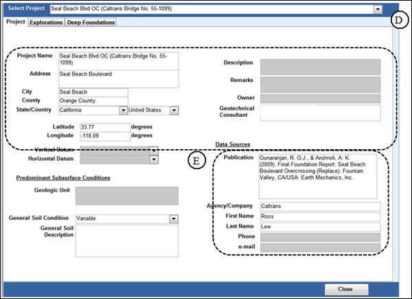 Figure 11. Project tab within View Details. A view of the Project tab for a specific project. At the top, item D points to the Select Project dropdown menu that allows the user to view different projects within the selected results. Item E points to fields enclosed within dashed lines that include Project Name, location information, Description, Owner, Remarks, Publication, and data source fields. The fields enclosed within dashed lines are used in the Text Search discussed in section 4.1.6.
