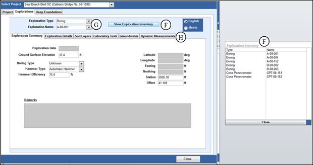 Figure 12. Explorations tab within View Details. A view of the Exploration tab for a specific project. Subtabs in this window include: Exploration Summary, Exploration Details, Soil Layers, Laboratory Tests, Groundwater, and Dynamic Measurements. Different exploration types will generate different tabs. At the top of the window, item F points to the View Exploration Inventory button and (to the side of the image) the list of explorations associated with the project. Item G, at the top left, points to dropdown menus for Exploration Type and Exploration Name. Item H points to the available tabs associated with the exploration.