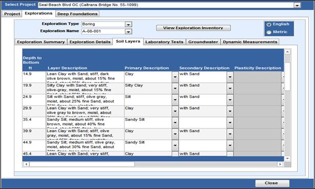 Figure 15. Soil Layers tab within Explorations. Image shows the Soil Layers subtab within the Explorations tab. Data is displayed in a table with columns for Depth to Bottom, Layer Description, Primary Description, and Plasticity Description. 