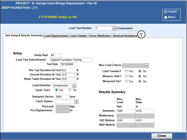 Figure 21. Load Test Results within Load Test tab. Statnamic Load Test. This Image shows the Load Test Results window for a Statnamic Load Test. Item Y points to the available tabs within the results: Test Setup & Results Summary, Load Displacement, Load Transfer, Force Distribution, and Nominal Resistance. The displayed tab, Test Setup & Results Summary, contains fields for Setup (e.g., date, elevation information, load criteria, etc.), and for Results Summary (e.g., max. load and max. displacement data).