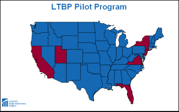 Map. LTBP Pilot Program. GIS map of the US States that will have pilot bridges colored red and the other US States colored blue. The map depicts that the pilot bridges are located in the states of California, Utah, Florida, Virginia, New York, and New Jersey.