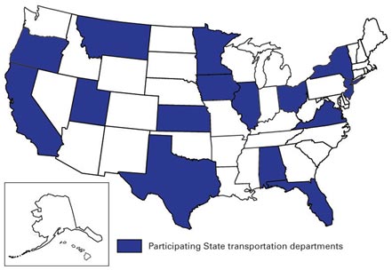 The map highlights the States where focus groups were held to collect information on bridge performance issues of concern, data needs, performance measures that the departments of transportation currently use, and what those departments saw as desired outcomes of the Long-Term Bridge Performance Program. Highlighted States are Alabama, California, Florida, Illinois, Iowa, Kansas, Minnesota, Montana, New Jersey, New York, Ohio, Oregon, Texas, Utah, and Virginia.