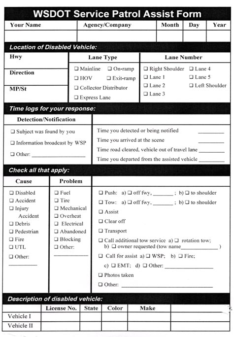 This form shows a sample of a Washington State Department of Transportation service patrol assist form. The form provides space for service patrol staff to fill out information about vehicles they assist. The top of the form is information about the service patrol including "Your Name," "Agency/Company," and "Month, Day, Year." The second section is for information about the location of disabled vehicle, with space for the highway, direction, and mile post or street name. This section also contains two check box areas for information about the lane type and the lane number. Lane type selections include mainline, on-ramp, high-occupancy vehicle, exit-ramp, collector distributor, and express lane. The lane number check boxes include right shoulder, lane 1, lane 2, lane 3, lane 4, lane 5, and left shoulder. The third section of the form is labeled "Time logs for your response." This section contains two columns. The first column is labeled "Detection/
Notification" with three check boxes: (1) subject was found by you, (2) information broadcast by Washington State Patrol, and (3) Other. The second column is unlabeled and provides space for the responder to fill out time information for the following four statements: (1) time you detected or being notified, (2) time you arrived at the scene, (3) time road cleared vehicle out of travel lane, and (4) time you departed from the assisted vehicle. The fourth section is labeled "Check all that apply" and has three columns. The first column in this section is labeled "Cause" and lists the following eight check boxes: disabled, accident, injury accident, debris, pedestrian, fire, unable to locate, and other. The second column is labeled "Problem" and contains the following eight check boxes: fuel, tire, mechanical, overheat, electrical, abandoned, blocking, and other. The third column is unlabeled and contains the following check boxes: (1) push (a) off freeway and (b) to shoulder, (2) tow (a) off freeway and (b) to shoulder, (3) assist, (4) clear off, (5) transport, (6) call additional tow service (a) rotation tow and (b) owner requested, (7) photos taken, and (7) other. The fifth and last section of the form is labeled "Description of disabled vehicle." This section provides space for the responder to include information for up to two vehicles on the license number, State, color, and make. There is a blank space for drivers to fill in any other data about the vehicle they feel is relevant.