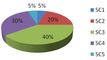 This pie chart represents social class (SC) distribution in neighborhood 4. SC is described by assigning a number to each income class level, where 1= poor, 2 = working class, 3 = lower middle class, 4 = upper middle class and 5 = elite. In neighborhood 4, SC 1 = 5 percent of the population, SC 2 = 20 percent, SC 3 = 40 percent, SC 4 = 30 percent, and SC 5 = 5 percent of population.