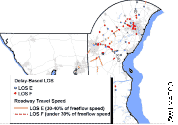 Figure 19. Map. The a.m. peak intersection level of service and travel speed.(48)