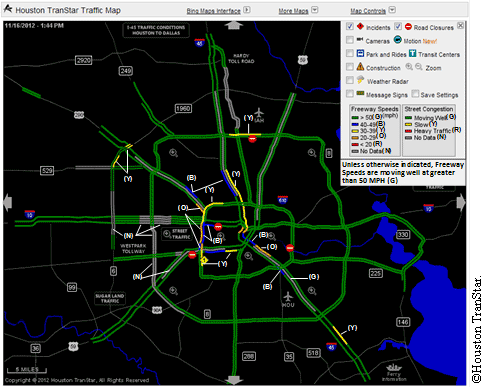 Figure 7. Screen capture. Houston TranStar color-coded traffic map.(23)