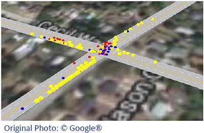This chart shows a SSAM 3D Conflict Map. The conflict points are illustrated as different shapes with different colors, according to conflict types: red cones for crossing conflicts, yellow boxes for rear end conflicts, and blue spheres for lane change conflicts. The conflict points are placed at corresponding positions on a detailed link and intersection chart generated by ETFOMM, positioned on top of an imported background map image. Most of the (red) crossing conflicts occurred within the intersection and upstream of the intersection on a single approach. The (yellow) rear end conflicts are densest at each approach. The (blue) lane change conflicts were scattered throughout the approaches, but many occurred within the intersection.