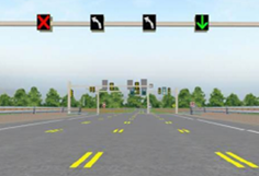 On-peak mid-bridge gantry recommendations (DRLT). This figure shows the recommended signing for an overhead gantry located at the center of the bridge during on-peak hours. This gantry features an overhead lane use control signal centered over each lane. Reading from left to right, there’s a red “X”, a white-on-black one-way left-turn arrow, a white-on-black one-way left-turn arrow, and a green downward pointing arrow.
